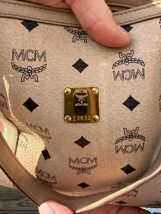 MCM Beige/Pale Pink Monogram Canvas Tote with Striped Trim - Picture 11 of 12